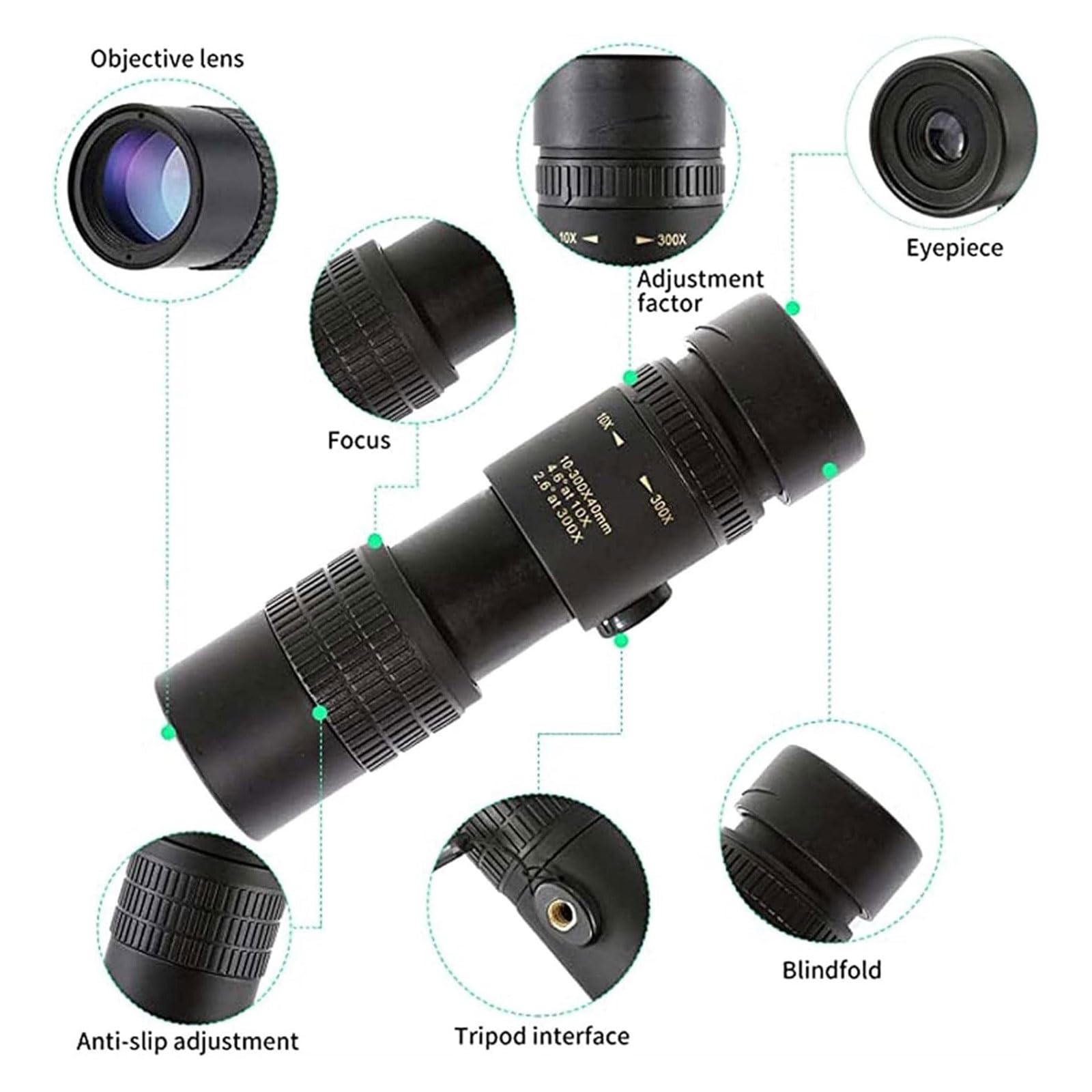 Telescopio monocular de Alta Potencia con Zoom HD 4K 10-300x40 mm, Impermeable, de Alta definición, con Soporte for teléfono Inteligente y trípode for observación de Aves y Senderismo