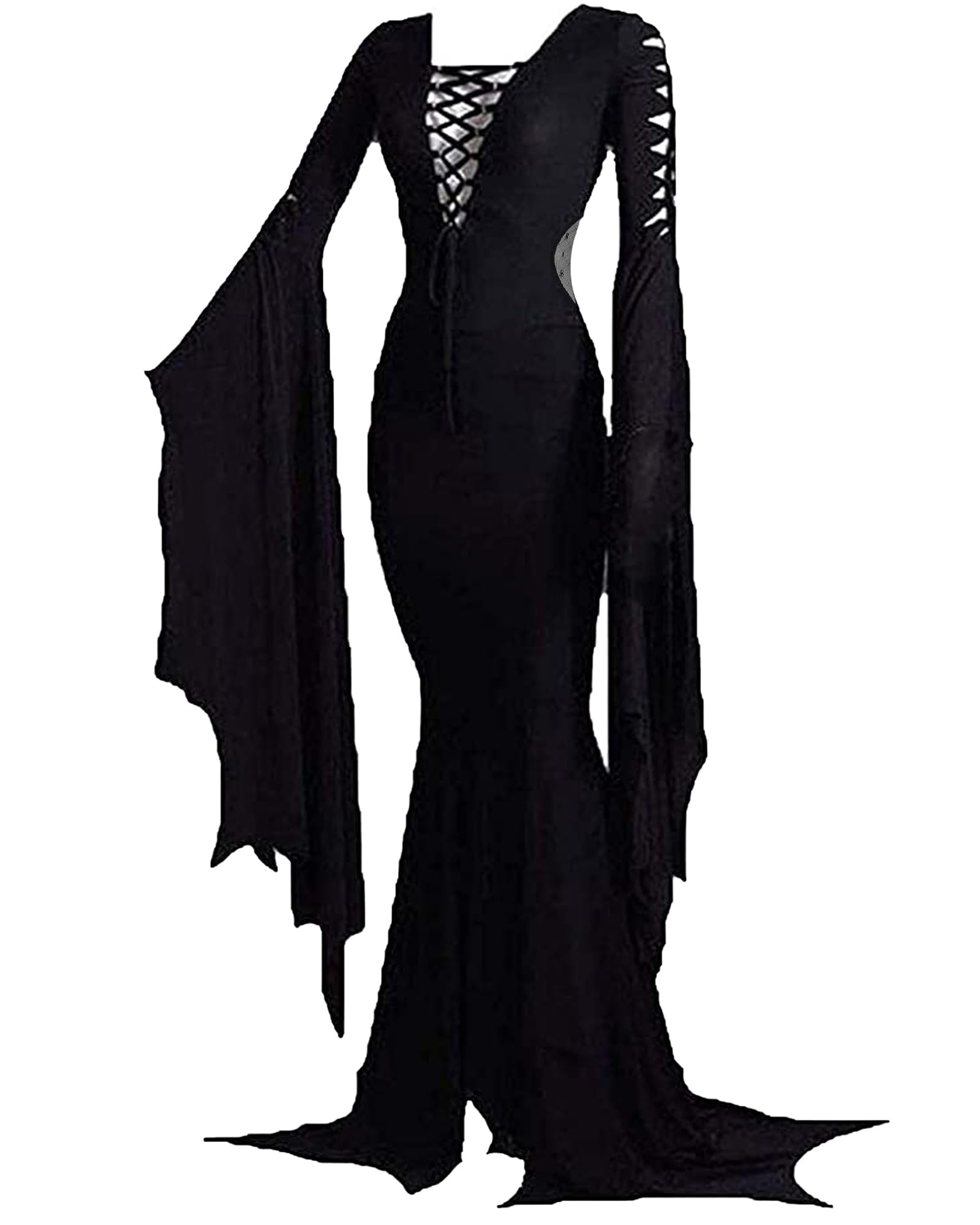 LVCBLGothic Vintage Witch Style Deep V Shape Collared Long Sleeved Side-Slit Dress S-2XL