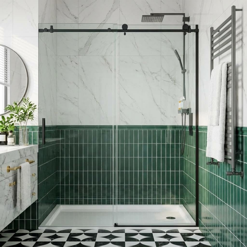 Frameless Sliding Shower Door with Fixed Panel, 44-48 Inch Width x 76 Inch Height, 6mm Tempered Glass, Matte Black Finish, Round Stainless Steel Track, Bathroom Renovation Upgrade
