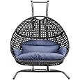 2 Person Swing Chair with Stand, X-Large Wicker Rattan Hanging Egg Chair Loveseat Chair with Cushion and Cover for Indoor Outdoor Bedroom Patio Garden (Black Frame + Dusty Blue Cushion)