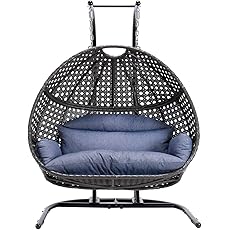 2 Person Swing Chair with Stand, X-Large Wicker Rattan Hanging Egg Chair Loveseat Chair with Cushion and Cover for Indoor Outdoor Bedroom Patio Garden (Black Frame + Dusty Blue Cushion)