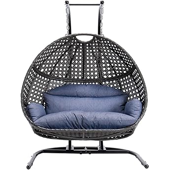 2 Person Swing Chair with Stand, X-Large Wicker Rattan Hanging Egg Chair Loveseat Chair with Cushion and Cover for Indoor Outdoor Bedroom Patio Garden (Black Frame + Dusty Blue Cushion)