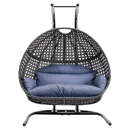 Double Egg Chair with Stand, 2 Person Heavy Duty Hanging Wicker Rattan Swinging Chair Hammock Nest Chair for Indoor Outdoor Patio Lounger Swinging Loveseat Perfect for Balcony Garden - Dust Blue