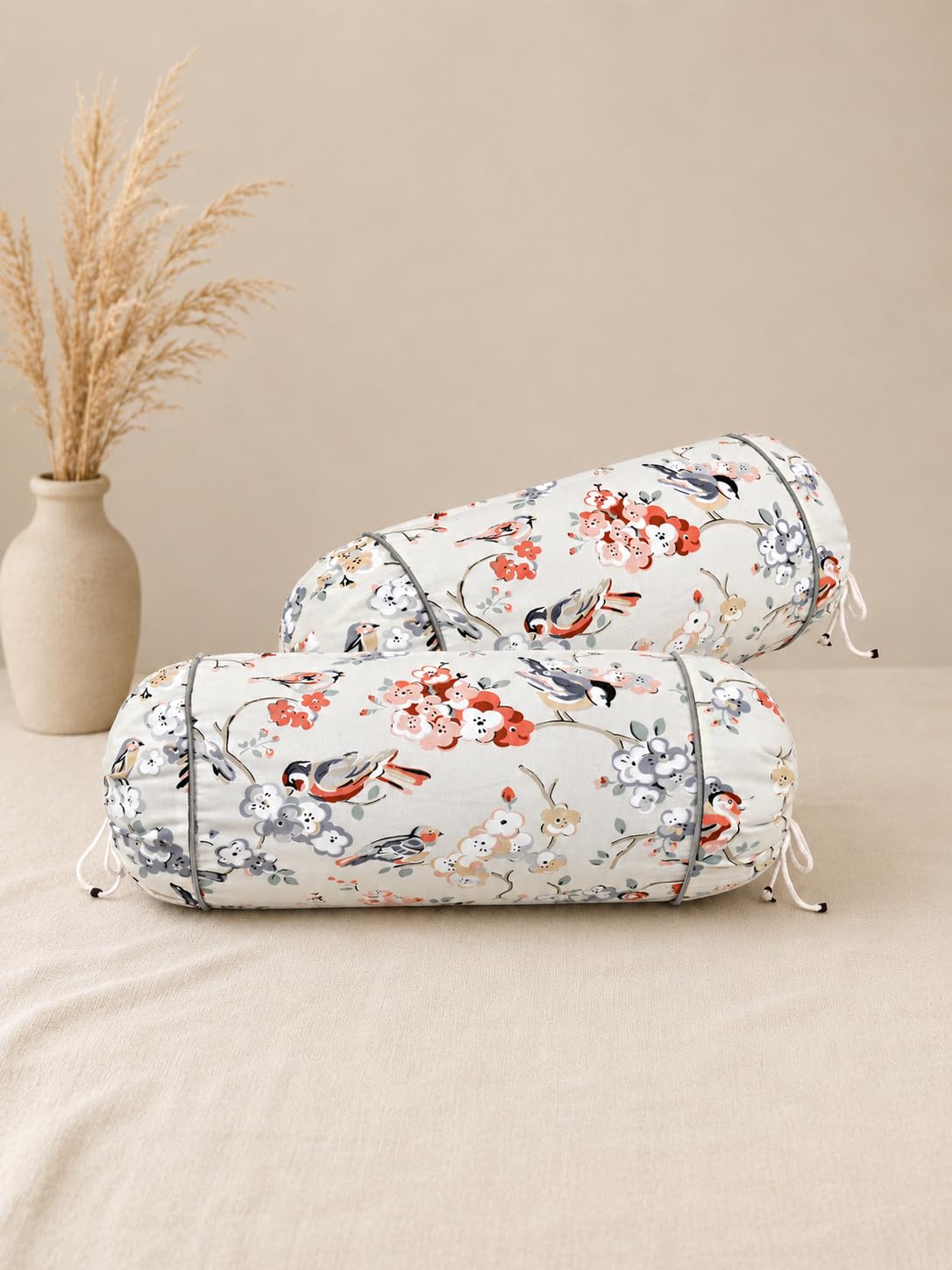 Cotton Bolster Cover, Set of 2, Hand Block (Grey White) | Cylindrical Pillow Covers, Drawstring Closure, Botanical Design, Bedroom Decor, Cotton Fabric-image-36