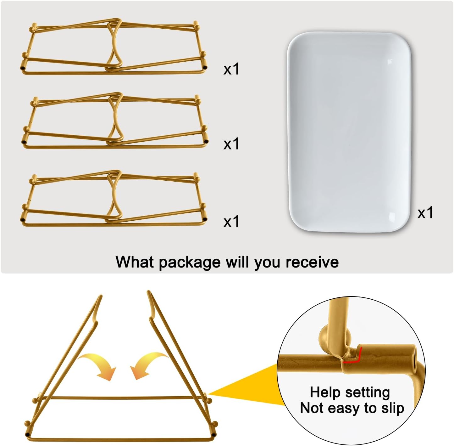 HAPPY KIT 3 Tier Serving Tray Set with Gold Freely Combinable Rack,12 Inch Tiered Tray Stand,Widened Porcelain Platters,Decor Cupcake Stand for Christmas Party Display,Dessert Trays Collapsible