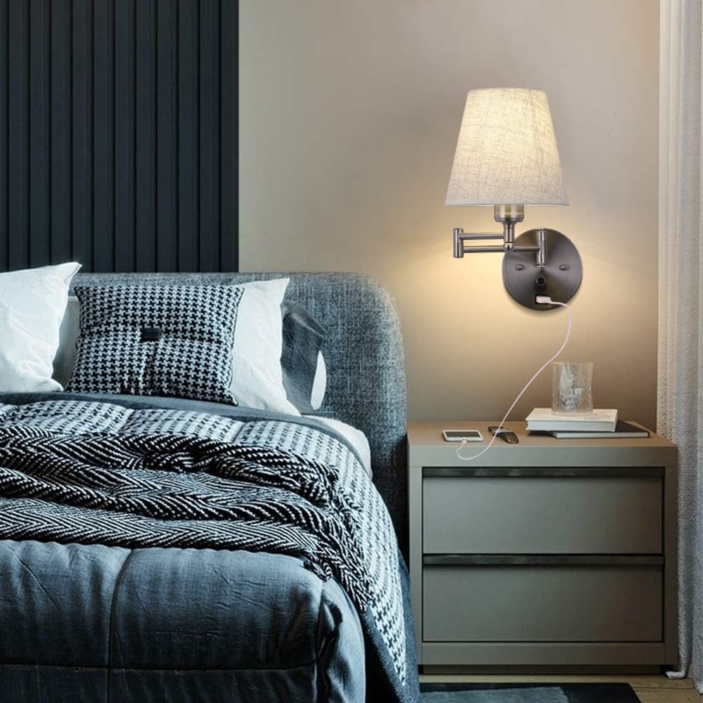 Bedside Wall Mount Light with Dimmable Switch and USB Port, Swing Arm Fabric Shade Wall Sconce Light with Plug in Cord, Wall Lamp Perfect for Bedroom, Living Room and Hotel