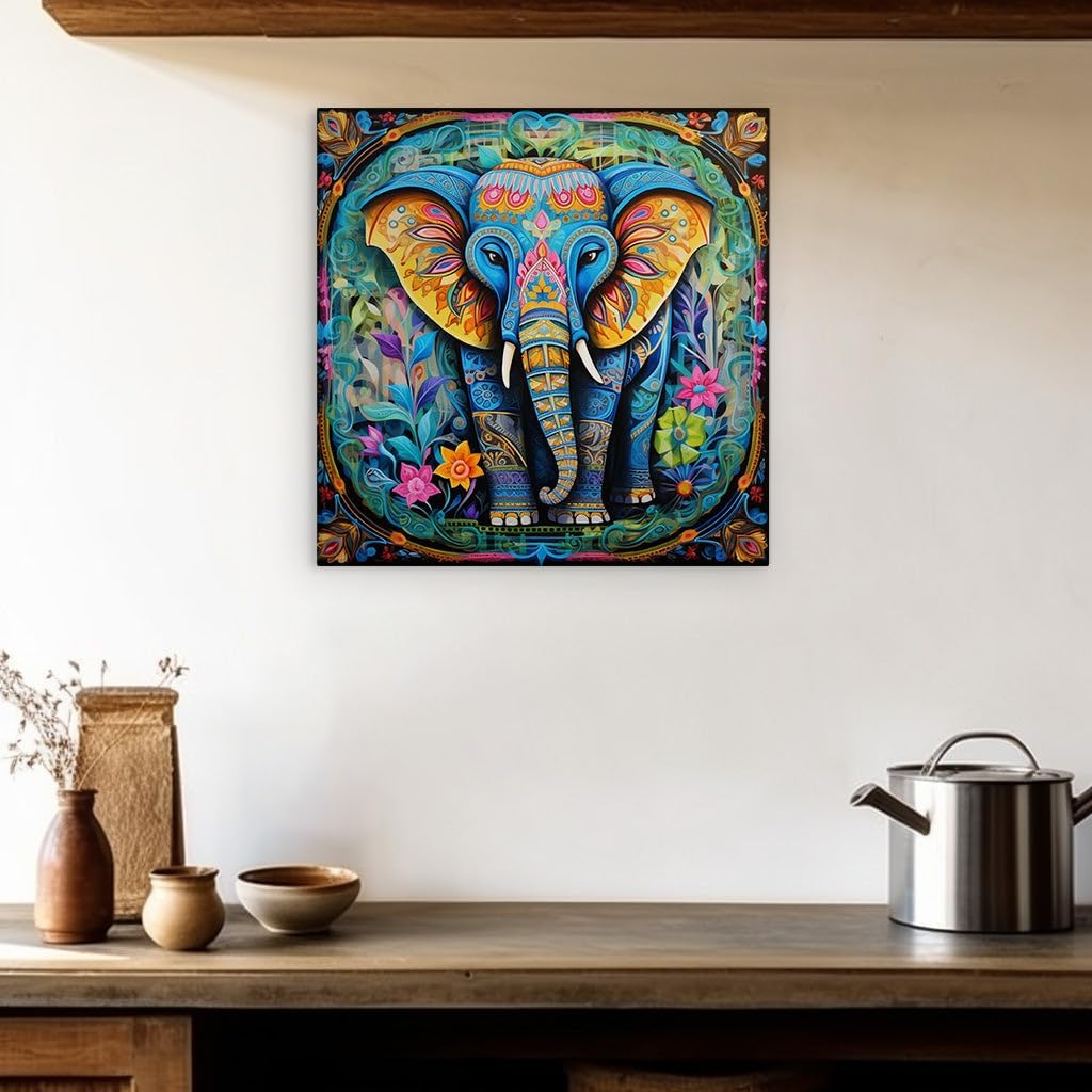 Canvas for Living room. A Symphony of Colors: The Majestic Elephant Amidst a Floral Wonderland, 27 x 18 inch Canvas Wall Art - Ready to Hang - 69x46 cm (27x18 inch)