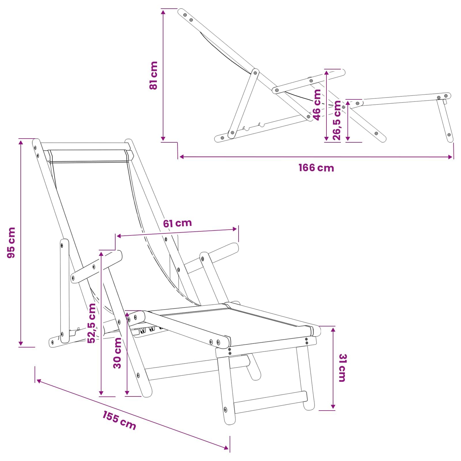 Sdraio pieghevole a 3 posizioni, in legno massiccio di eucalipto, con poggiapiedi, sdraio da giardino per balcone, terrazza, piscina, sedia a sdraio regolabile per relax all'aperto