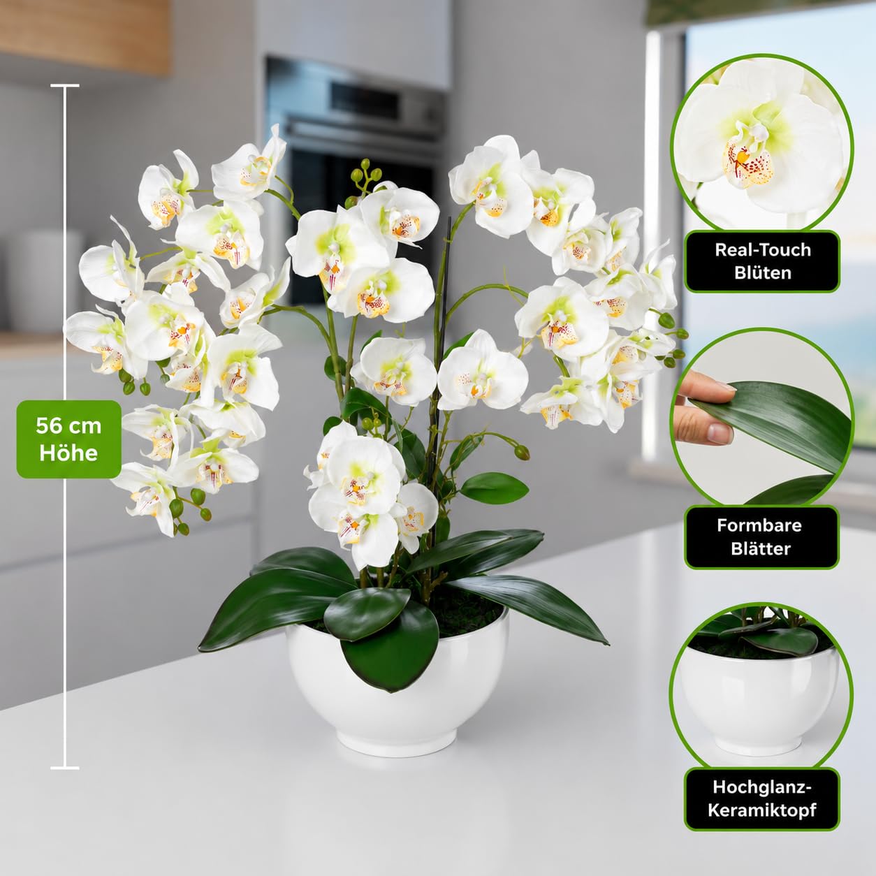 PASCH Orquídea artificial XXL grande (56 cm) en maceta de cerámica brillante | Orquídeas artificiales | Flores artificiales como reales | Orquídeas artificiales en maceta | Flores artificiales en