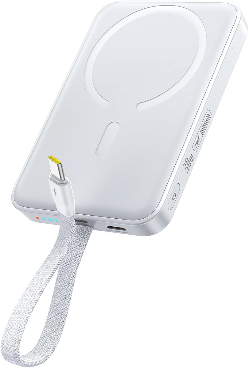 Picogo AM52 QI2.2 Power Bank and with Built-in USB-C Cable | Card-Size 35W 10000mAh Battery Pack, USB-C Cable, Apricot White