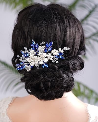 Peine de pelo con diamantes de imitación de cristal azul plateado, perlas, lágrima, diamantes de imitación, diadema de boda para mujeres y niñas