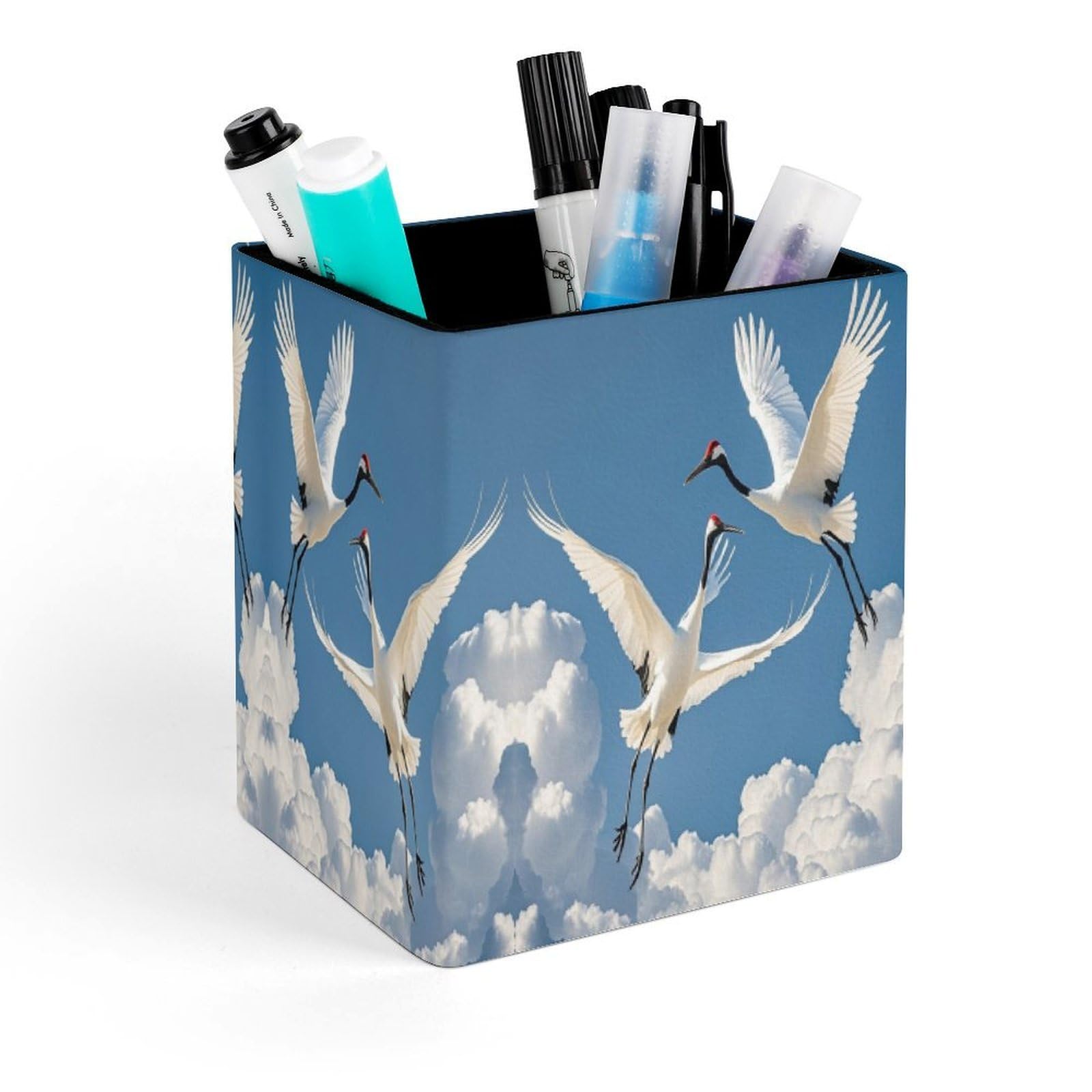 FekiLoot Three Pelicans Pencil Holder for Desk Square Leather Pen Holder Cup Desktop Organizer Multi-Functional Pencil Cup Holders Modern Decorative Desk Organizer Caddy Makeup Brush Holders