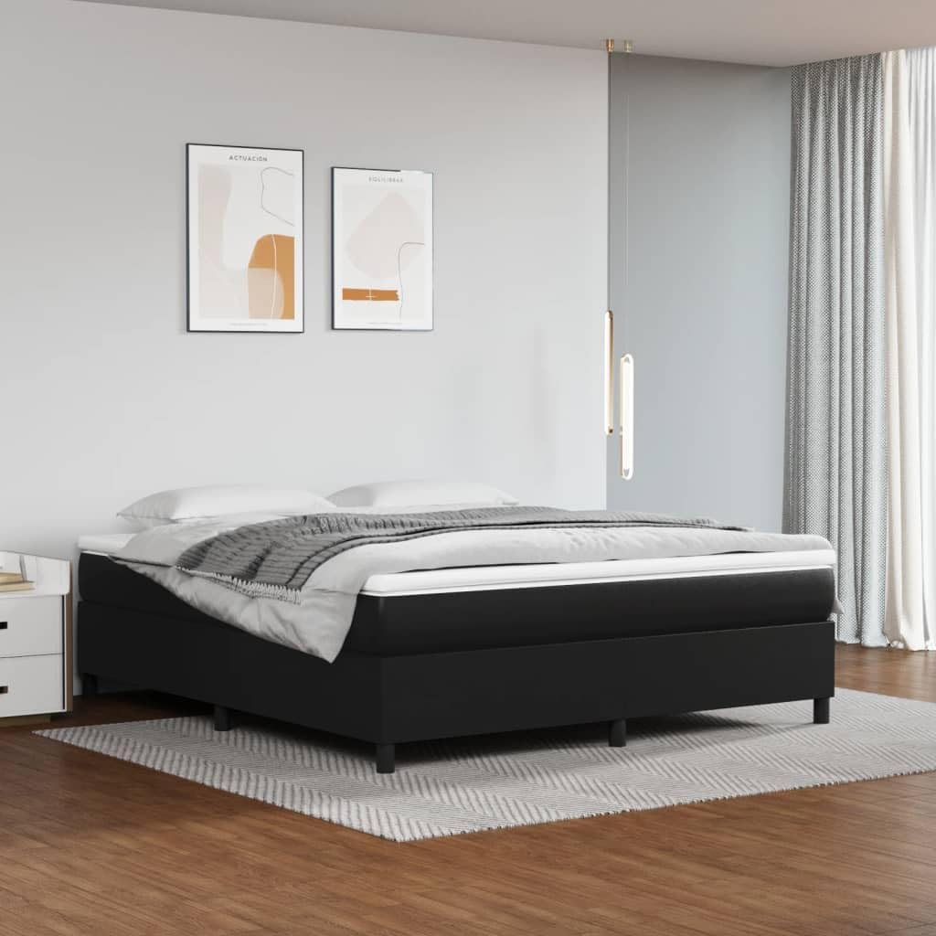 King Size Bed Frame Black Faux Leather with Engineered Wood Platform, Sturdy Slatted Foundation for Mattress Support, Modern Minimalist Bedroom Furniture, Heavy-Duty Stable Frame