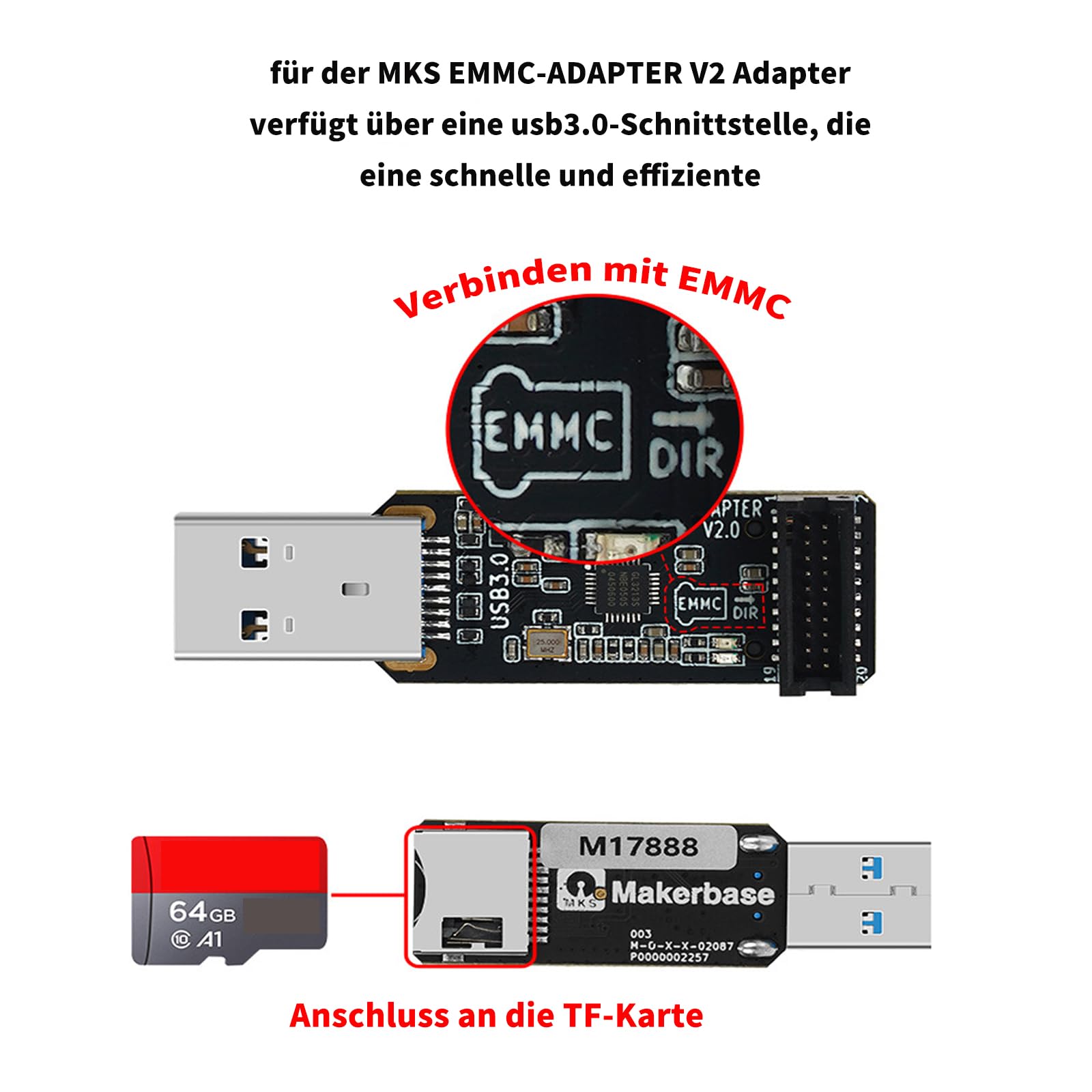 Adapter MKS EMMC V2 USB 3.0 moduł czytnika kart, szybki i wydajny transfer danych, do kart modułowych EMMC i akcesoriów biurowych