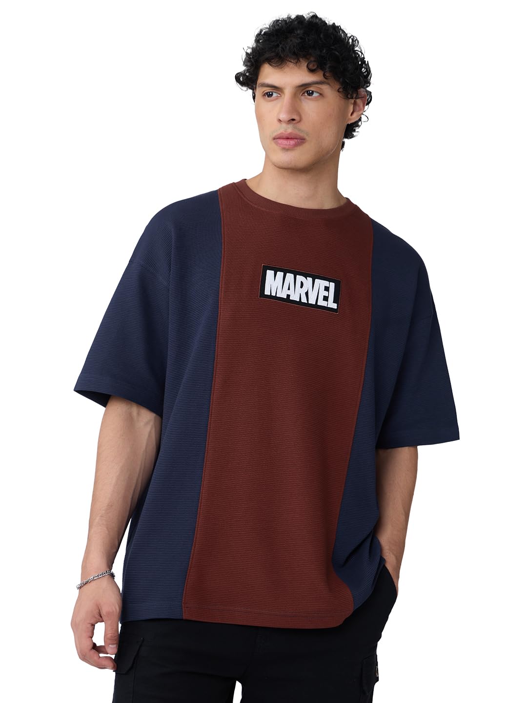 Marvel: Classic Logo Men and Boys Short Sleeves Round Neck Blue and Brown Embroidered Cotton Oversized T-Shirts-image-26