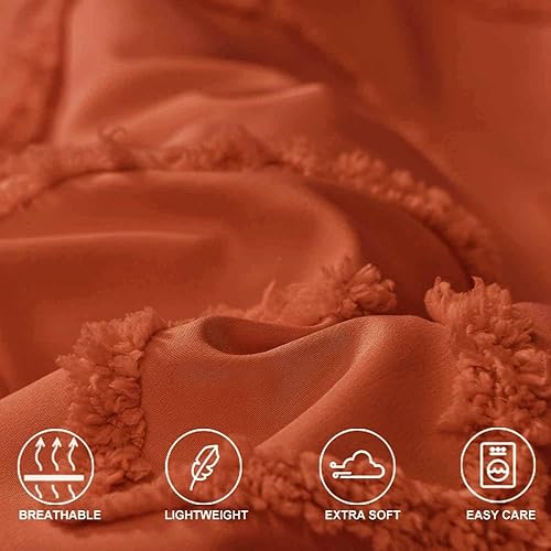 Miniatura 5 de Juego de edredón de tamaño King, color naranja quemado, juego de cama reversible con textura geométrica jacquard y copetudo, 3 piezas, 104 x 90