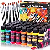 Acrylic Paint Set, 48 Colors (2 oz/Bottle) with 12 Art Brushes, Art Supplies for Painting Canvas, Wood, Ceramic & Fabric, Rich Pigments Lasting Quality for Beginners, Students & Professional Artist