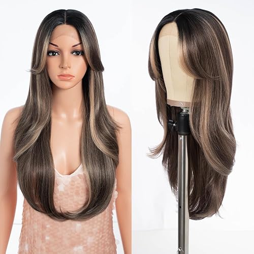 Style Icon Synthetic Lace Front Wigs HD Lace Middle Part Wigs Long Wigs for Women Pre Plucked Wigs with Bangs of Door Curtain Style (26 Inches, NTPDHL 1B/8/26R)