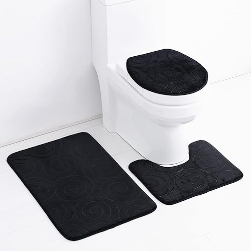 Vista 29 de Juego de 3 tapetes de baño, tapetes con relieve para tapa de inodoro, tapete antideslizante absorbente lateral para baño, baño (rojo)