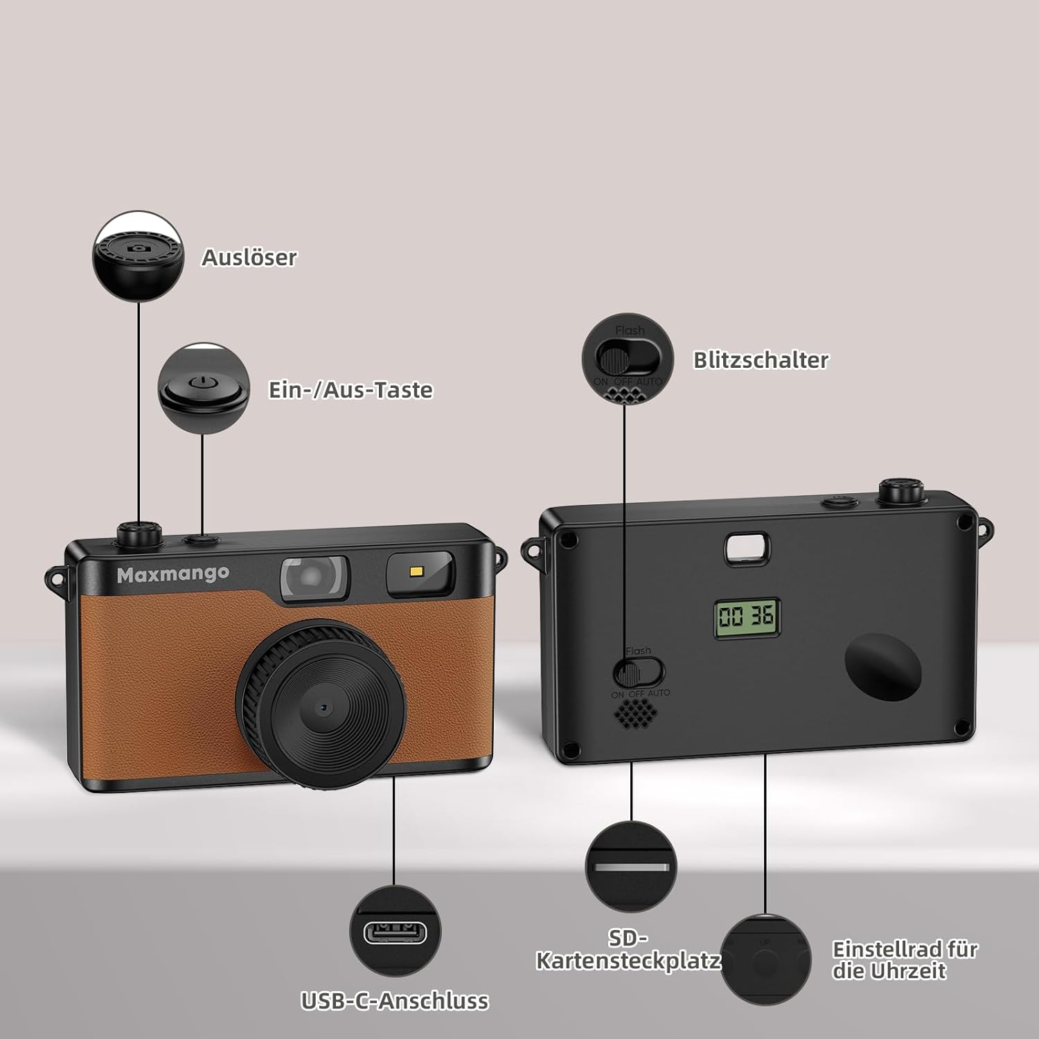 Maxmango D53 Digital Camera - Retro Digital Camera 12MP Screenless Vintage Camera Disposable Camera Replacement Includes 8GB SD Card-Brown