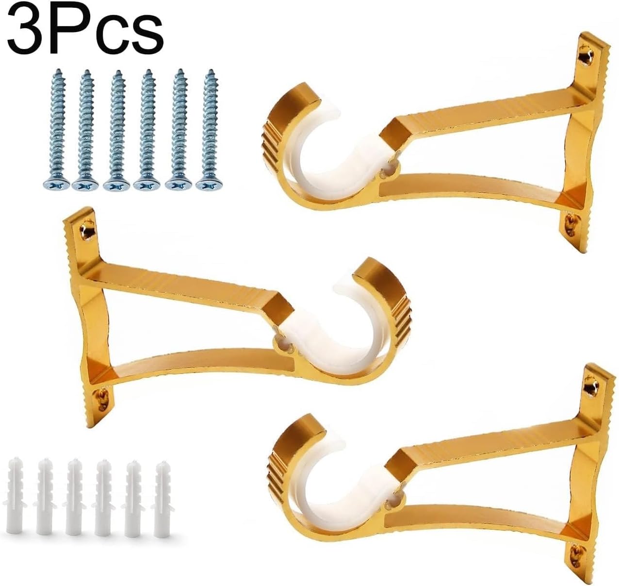 Brackets for Curtain Rods, 3Pcs Single Curtain Rod Brackets for Drapery Rod Premium Aluminum Alloy Heavy Duty Curtain Rod Holders for Living Room, Screen Porches, Family Room Gold