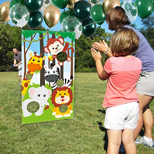 Safari Animals Toss Games Banner with 5 Bean Bags for Kids Children's Family Party Zoo Animals Theme Indoor Outdoor Parties Supplies Decoration