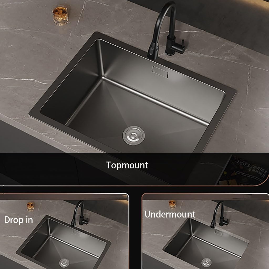 Black Bar Sink with Pull Down Faucet, Stainless Steel Kitchen Sink Single Bowl Nano Sink Topmount Undermount Handmade Kitchen Sink Rectangle Sink Workstation Kitchen Sink with Drain Tray Prep Sink ( S
