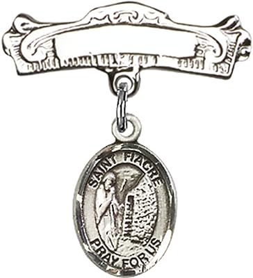 Sterling Silver Baby Badge with St. Fiacre Charm and Arched Polished Badge Pin 7/8 X 7/8 inches