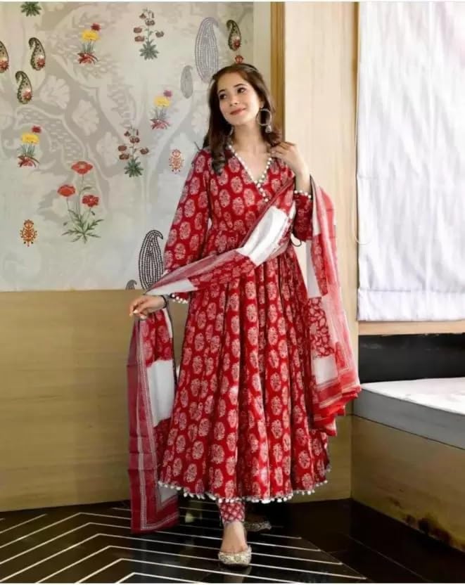 Image of Women's Rayon V-Neck 3 /4 Sleeves Printed Pom Pom Lace Angrakha Kurti Pant set with Dupatta