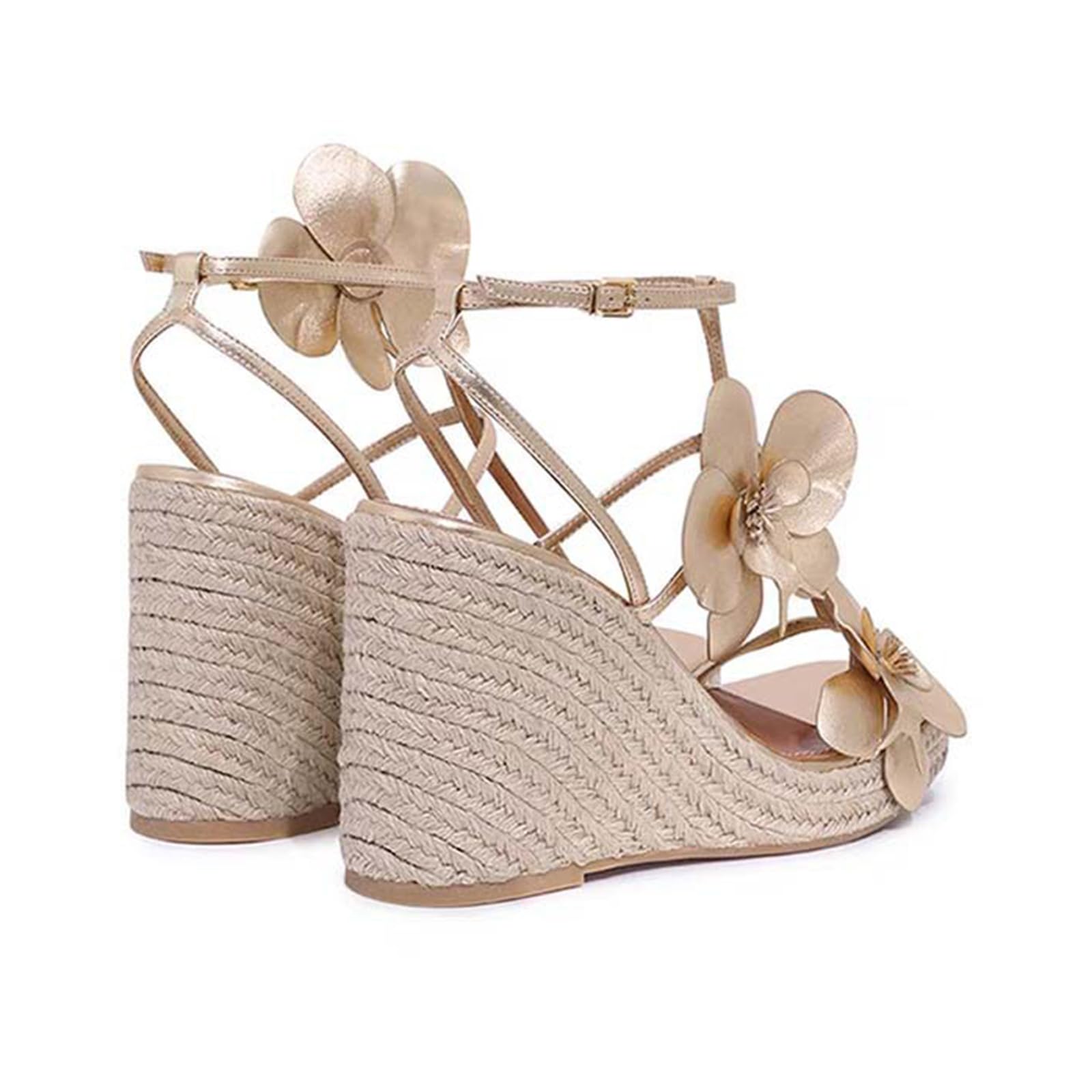 Sandalias de cuña punta cuadrada mujer diseño esparto plataforma suela gruesa detalle floral tira tobillo hebilla ajustable viaje vacaciones compras diarias