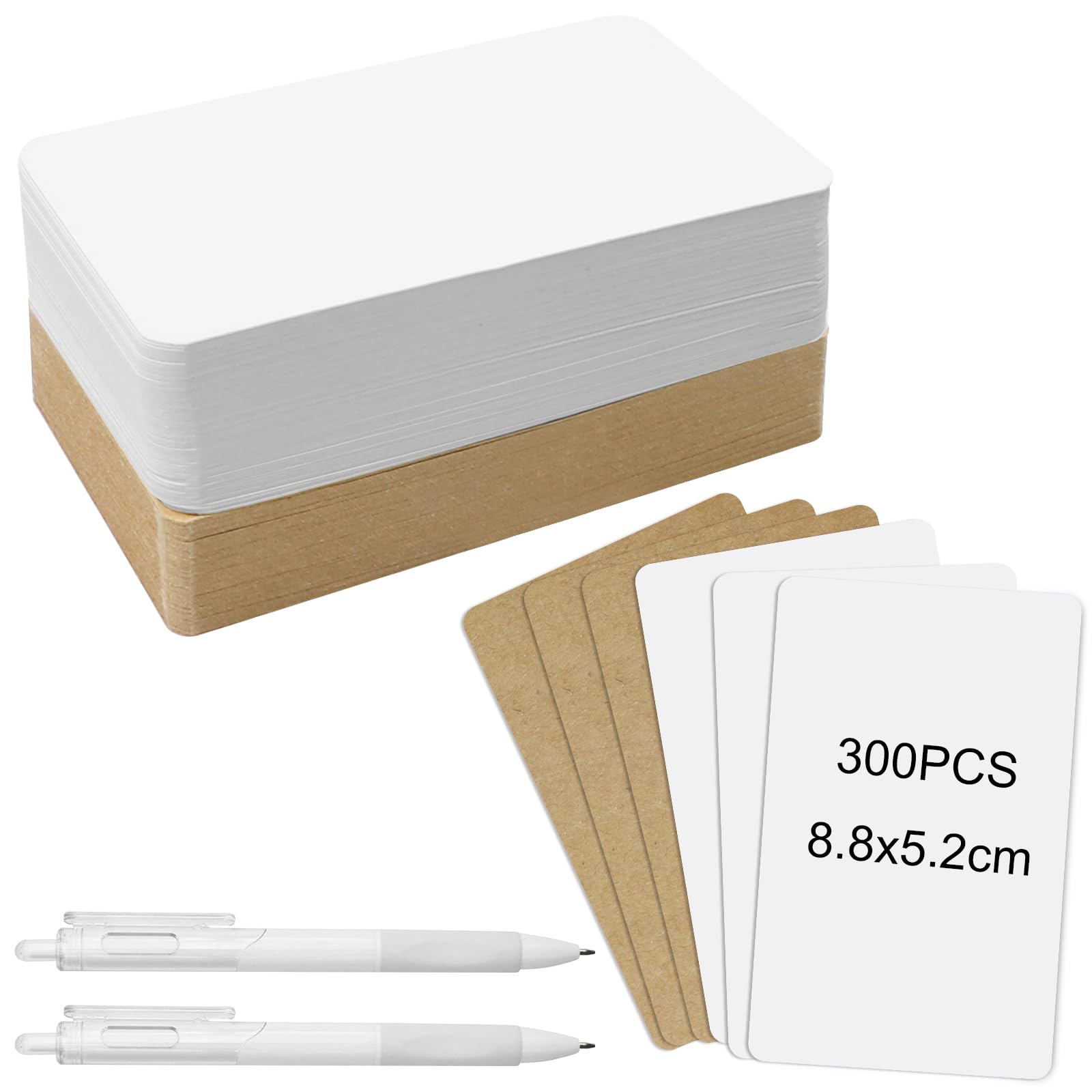 300 Pcs Blank Kraft Cards White & Brown Blank Business Cards with 2 Pcs Writing Pen, Message Word Gift Tags Memory Notes Flash Card for School Home Office Learning