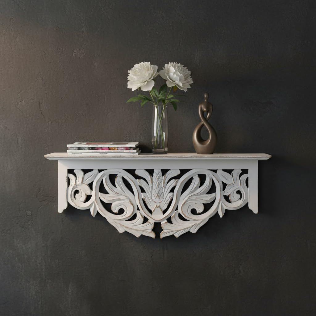 THE URBAN STORE Shelf Wooden Wall Mounted Distressed White Color 50 x 15 X 20 CM Pack of One French Country Style Elegantly Floral Hand Crafted for Home and Office Decor TUSSLF11