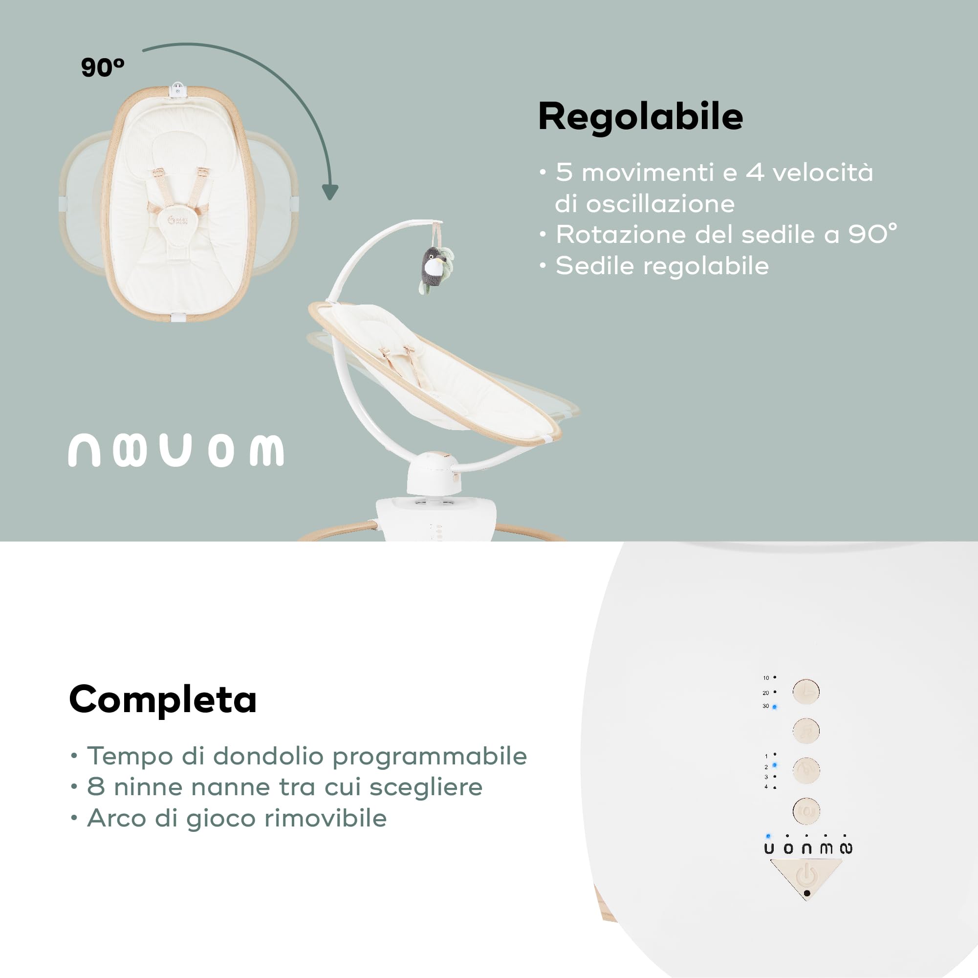 Babymoov Altalena Elettrica per Bambini Swoon Hoop, Design Elegante, Seduta Rotante a 90°, Confortevole e Regolabile, 5 Moviment i di Dondolio, Programmabile, 8 Ninnenanna, Arco Giochi, Sabbia