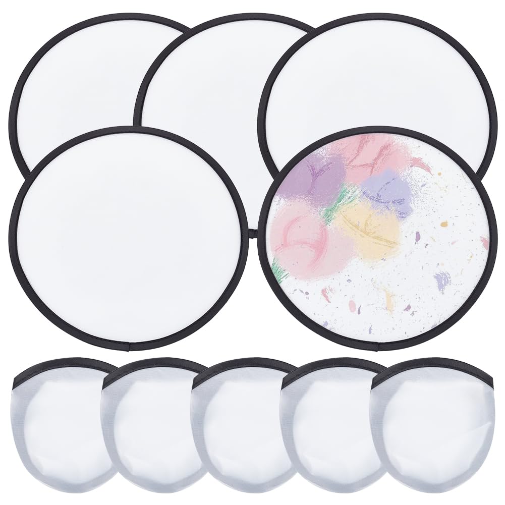 BENECREAT 5Pcs White Foldable Flying Disc Fans 25cm Sublimation Fans Polyester Black Edge Folding Fan Set with Bag for Wedding Party Favors Outdoor Activity Game Halloween Christmas