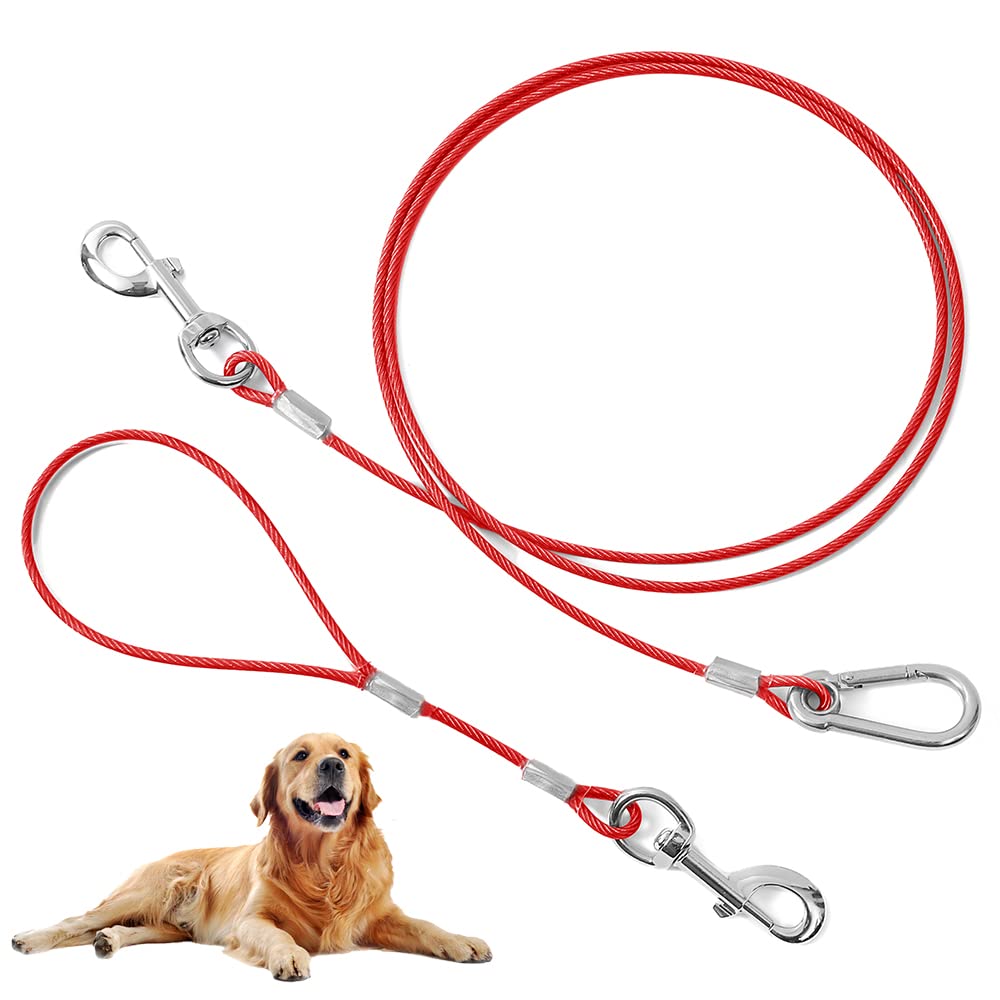 Chew Proof Dog Leash,5Ft Tie Out Cable with Detachable Short Dog Leashes Handle,Non Chew Cable Braided Cord Steel Training Dog Leash for Teething Puppies Small Medium and Large Dogs Red