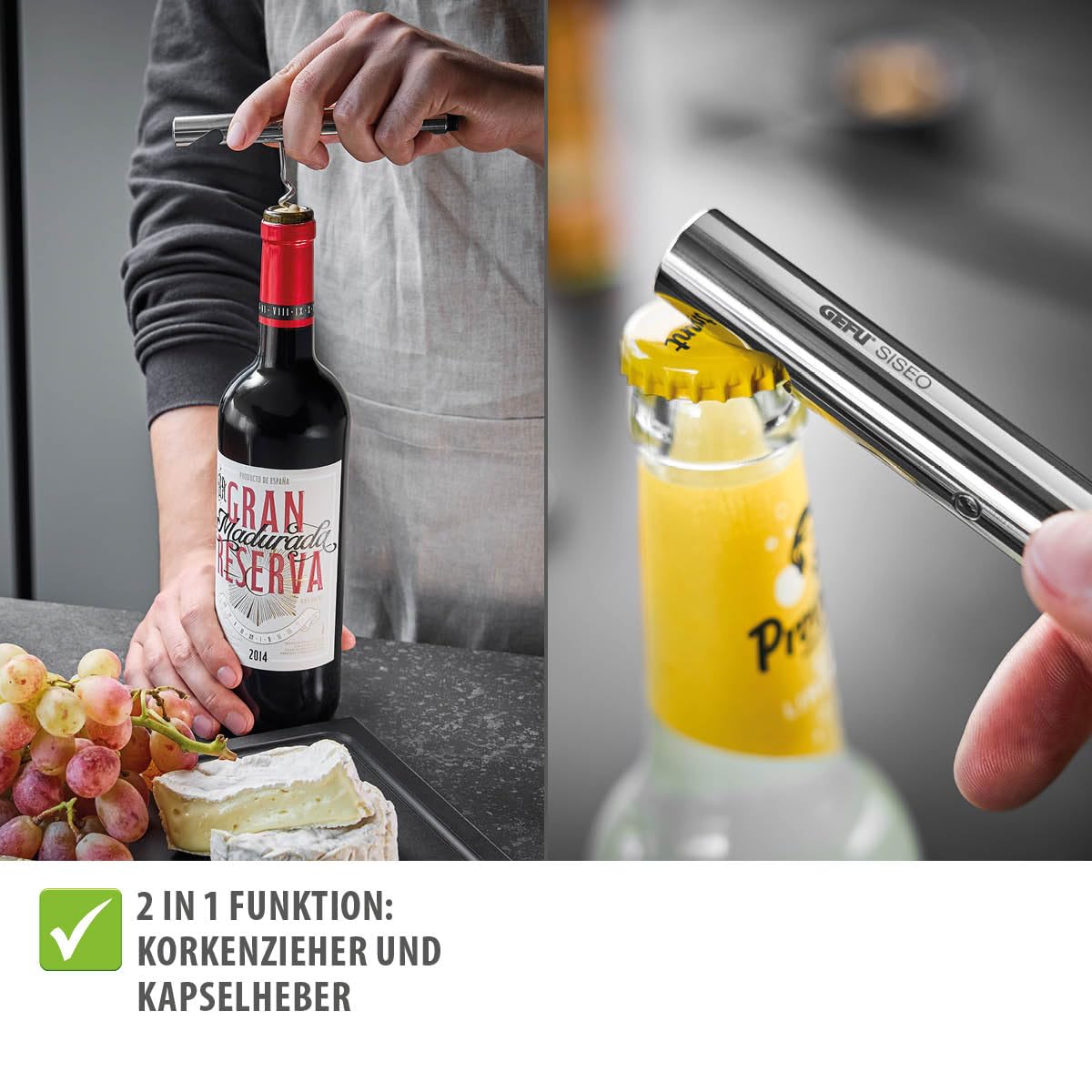 GEFU Korkenzieher SISEO | 2-in-1 Flaschenöffner mit Kapselheber & Edelstahlspindel | Schlankes Design, platzsparend & ergonomisch | Für Weinliebhaber