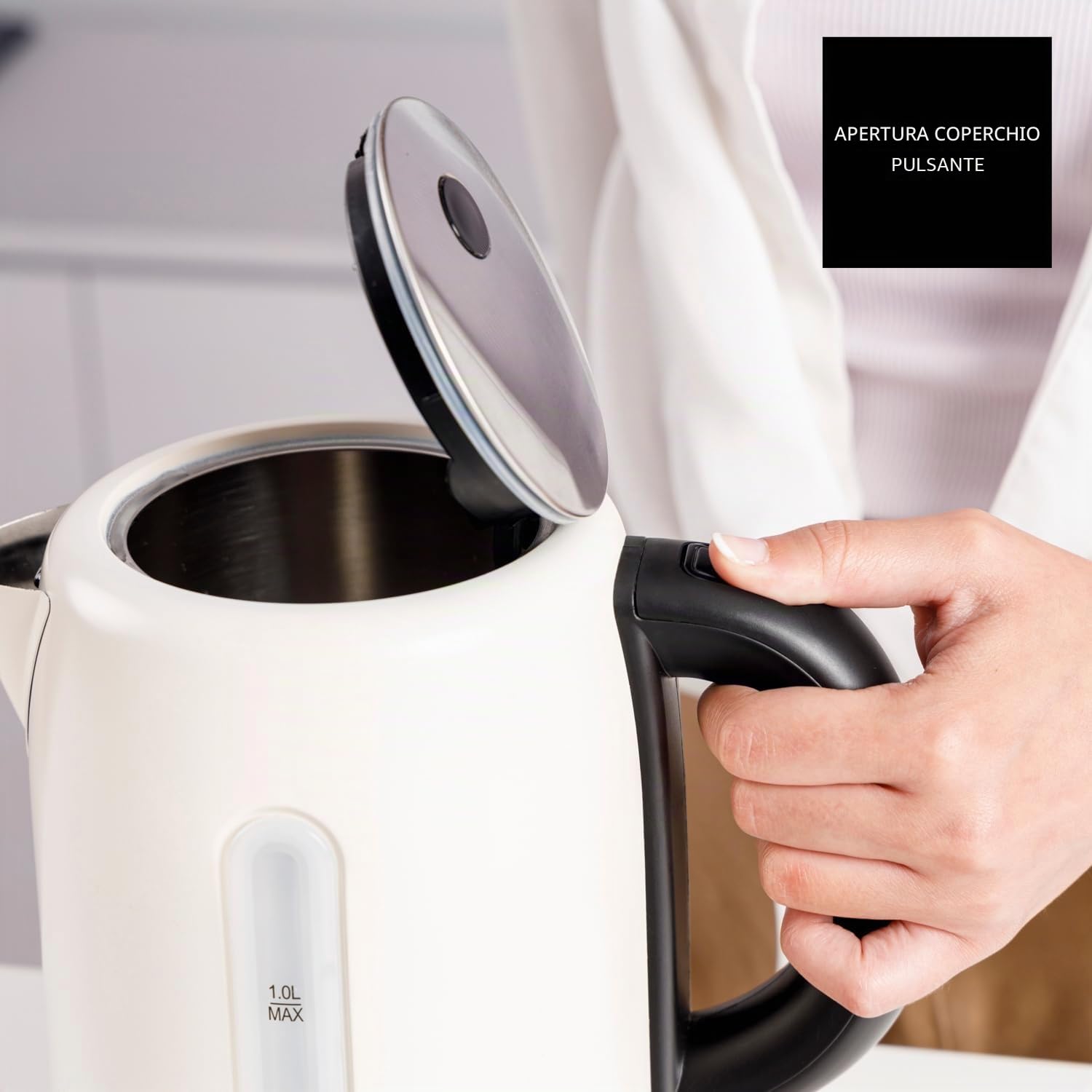 Taurus - Bollitore elettrico 2400W 1L | Bollitura rapida | Base 360° | Spegnimento automatico | Filtro estraibile | Senza BPA | Indicatore livello acqua | LED | Inox | Crema