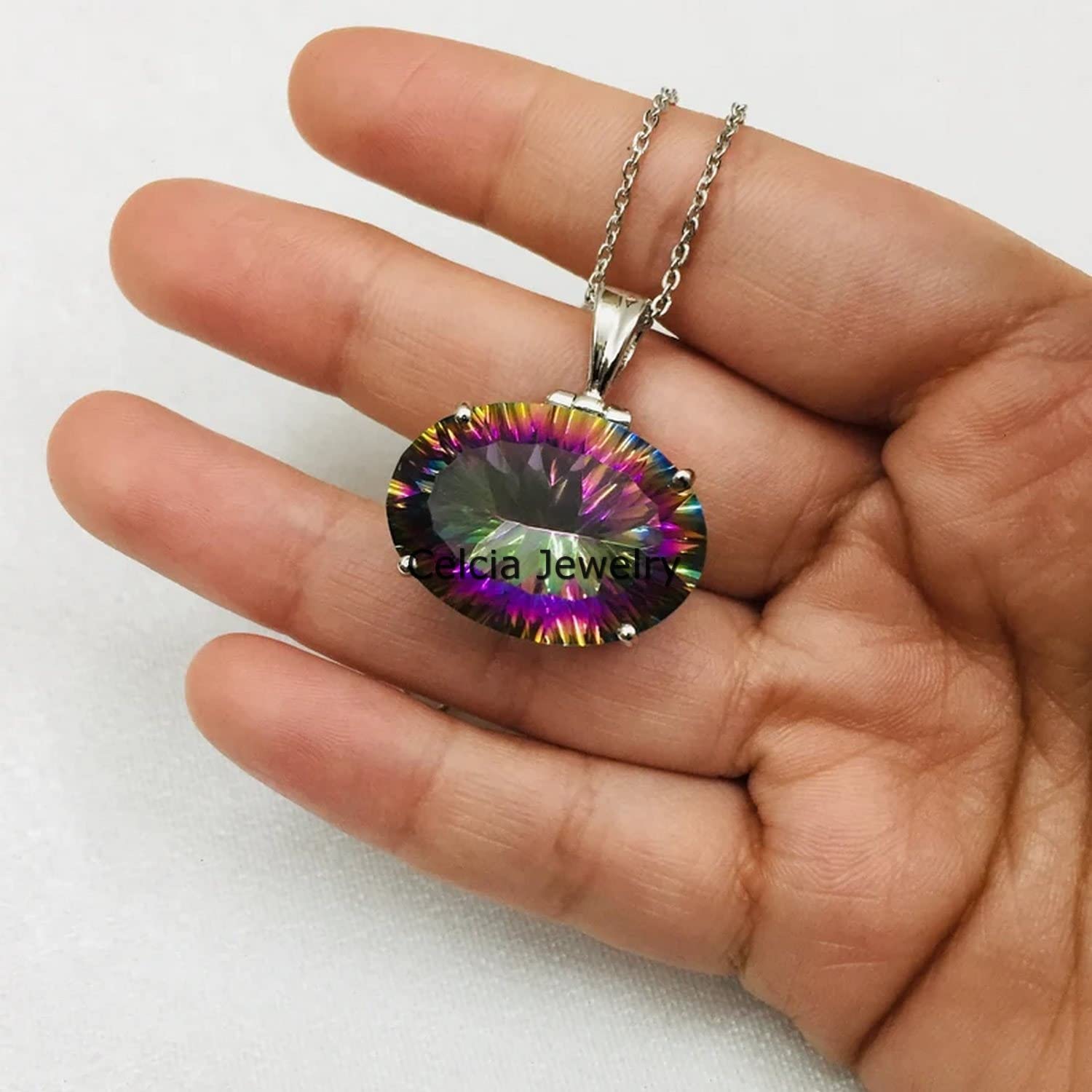 Collar de plata de ley 925 auténtica para mujer, collar hecho a mano único con piedras preciosas ovaladas facetadas de topacio místico genuino para ella