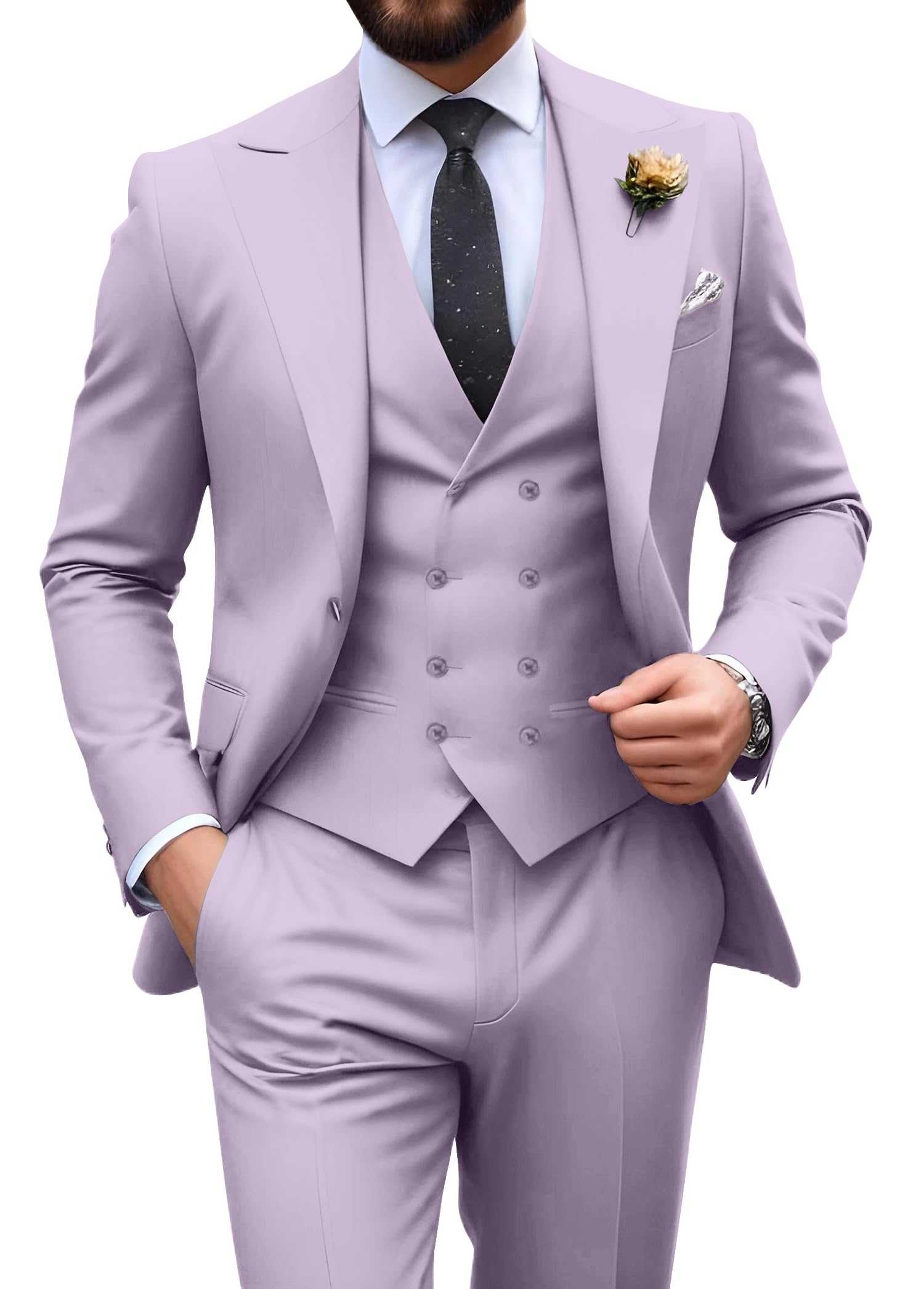 Photo 1 of Suits for Men Lilac Formal Business Tuxedo Suits 3 Piece Mens One Button Suit Jacket Double Breasted Vest Pants Set X-Large