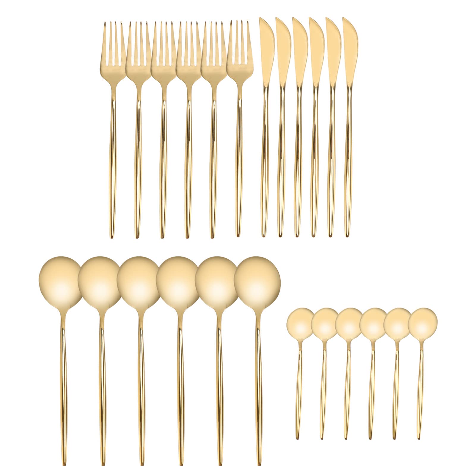 Focket Juego de Cubiertos Dorados, 24 Piezas de Acero Inoxidable Apto para Lavavajillas, Juego de Cubiertos de Oro Pulido con Espejo, de Dorados con 6 Cuchillos, 6 Tenedores, 12 Cucharas para el