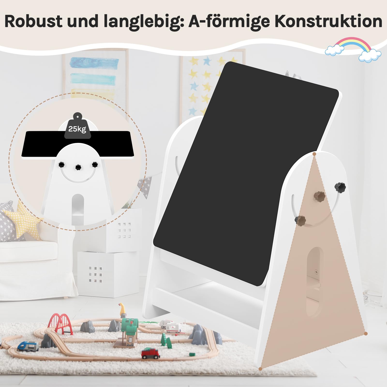 WOLTU Kindertisch mit 2 Stühlen, Kindertisch mit Stauraum, Innen 3 in 1 Maltisch/Tafeltisch mit Bücherregalen für Kinderzimmer, Vorschüler Kindersitzgruppe Indoor, Weiß