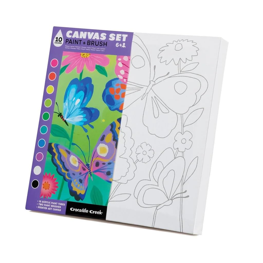 Crocodile CreekButterfly Canvas Art Kit - Acrylic Painting Art Supplies for Kids Ages 4-8 and Up - Includes 1 Stretched Canvas with a Butterfly Print, 10 Tubes of Paint, 2 Brushes, 1 Pallet