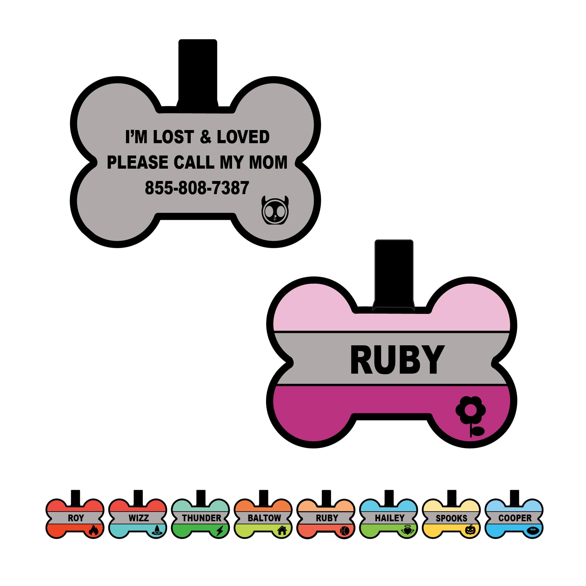 Silent Dog Tag Personalized with 5 Lines of Custom Deep Engraved Durable Soundless Silicone Pet ID Name Tag Bone Design Pink