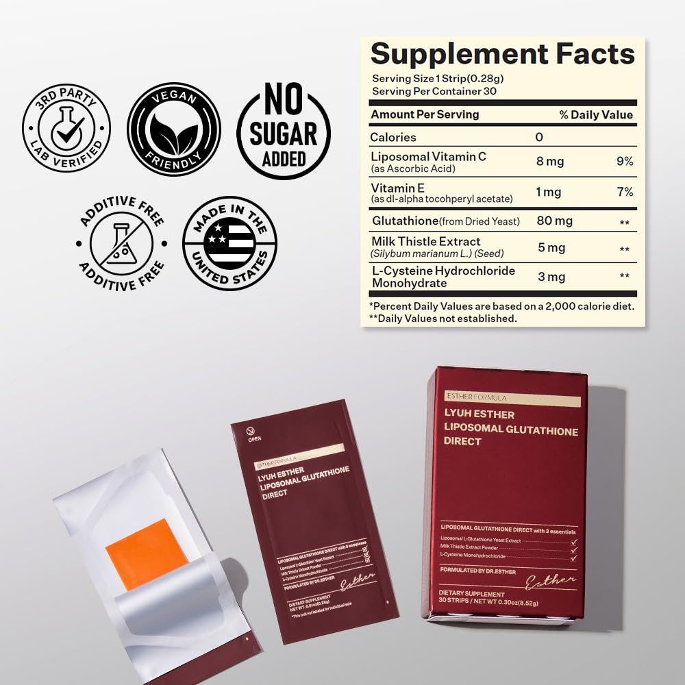 Liposomal Glutathione Direct (284mg*30strips) Glutathione Strips, Korean Beauty Supplement Made in USA for antioxidant, Even Skintone, K-Beauty