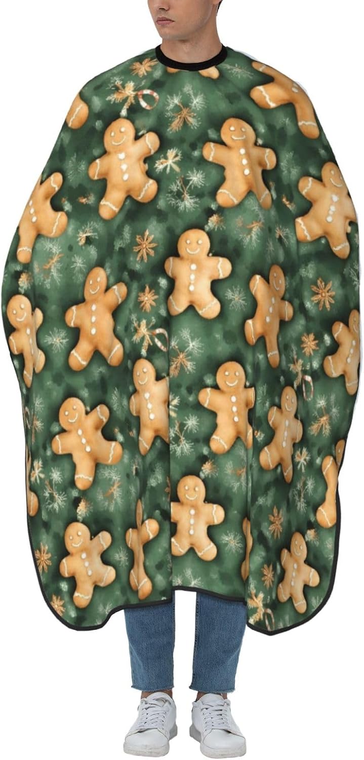 Cartoon Xmas Gingerbread Man Candy Cane Adult Hair Cutting Cape 55x66in Adjustable Snap Closure Salon Hairs Hat Shaving Bib