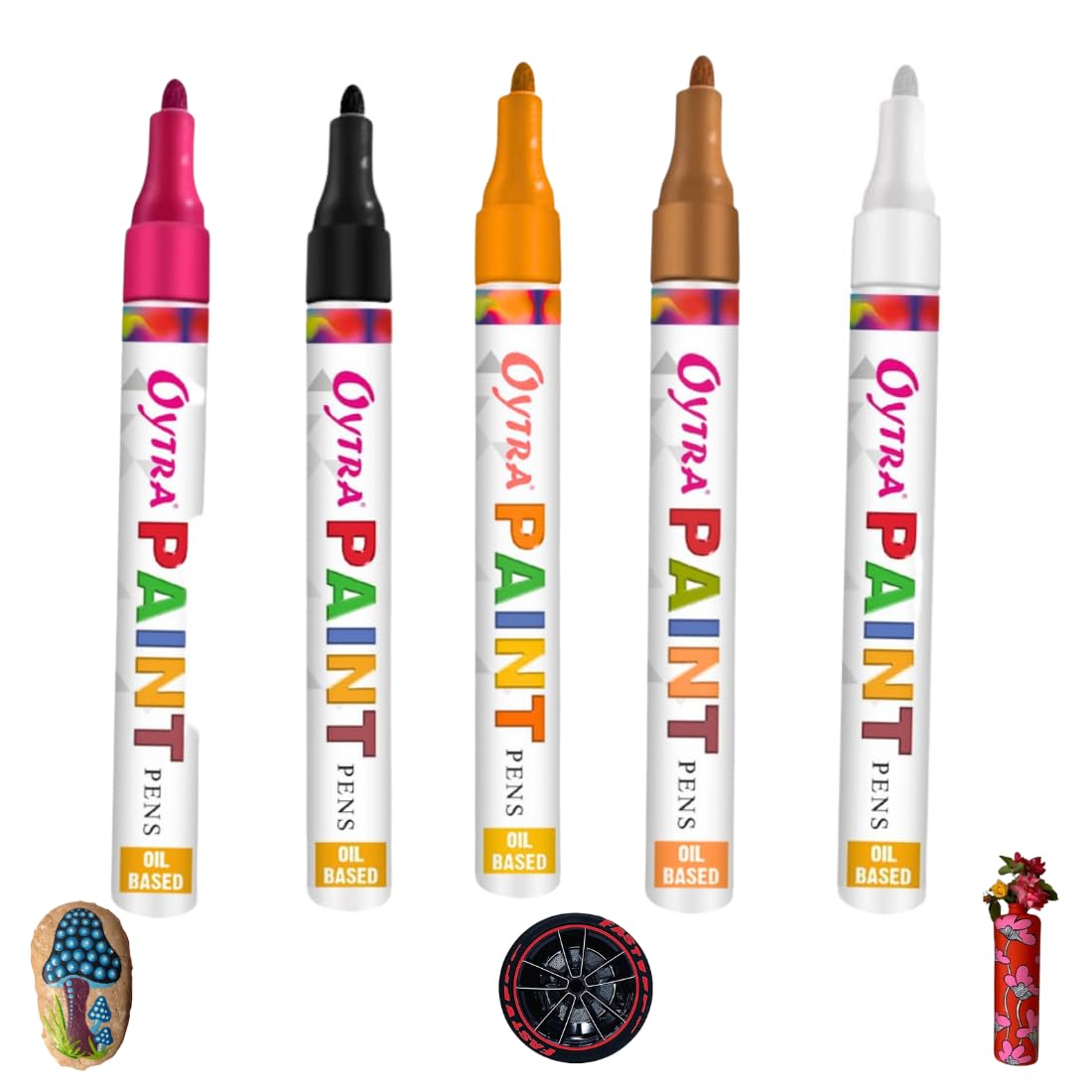 Oytra Paint Pen Permanent & Waterproof Oil Based Markers Pens Combo for Wood Ceramics Fabrics Steel Glass Tyre Blackboards for Artists For Gifting Stationery (Black, White, Orange, Pink, Brown)