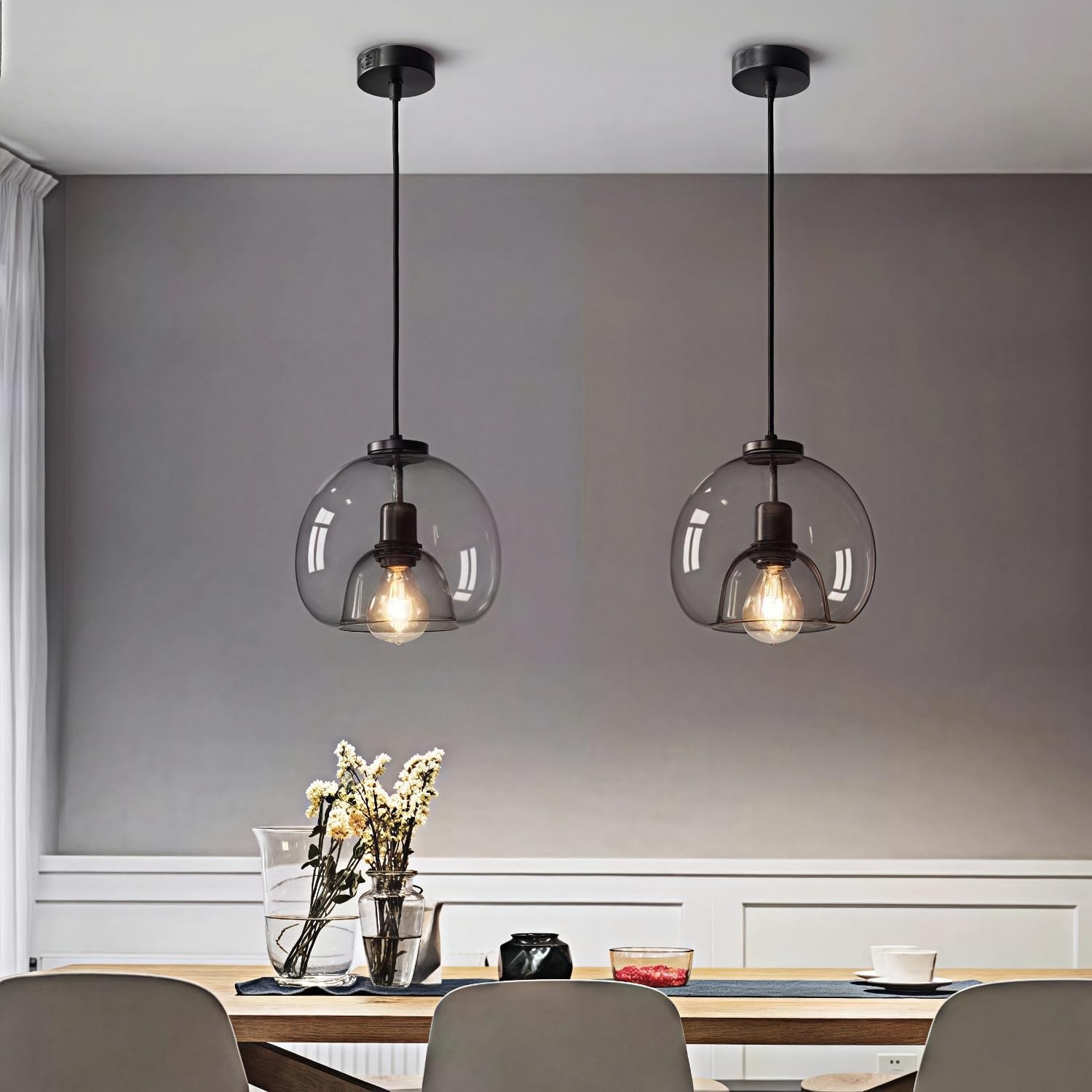 9.8" Smoke Gray Glass Pendant Light - Blown Glass Globe Pendant Light, E27 Vintage Hanging Lamp for Kitchen Island, Bedroom, Dining Room (2 Smoked FBA)