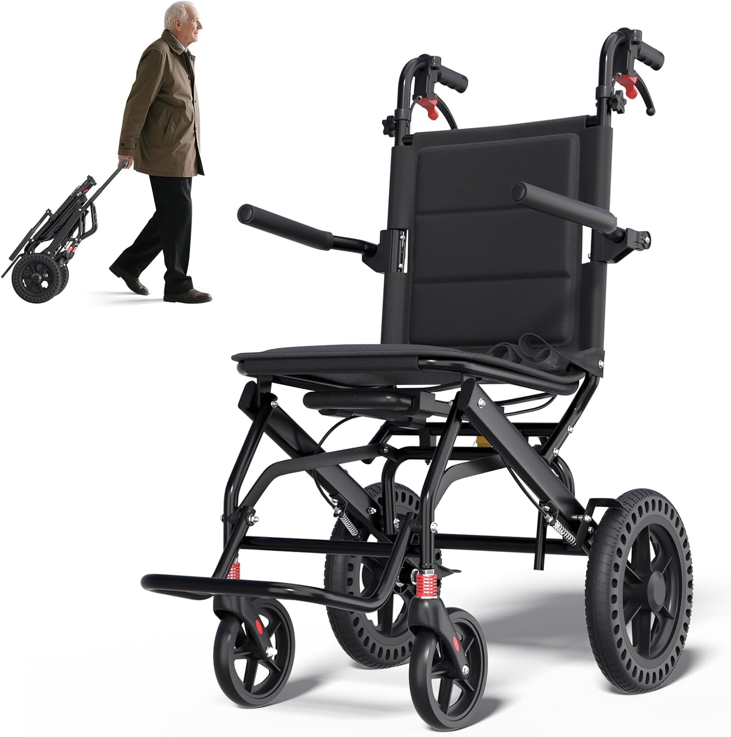 YGNVMCXJG Lightweight Folding Transport Wheelchair for Adults – Travel Wheelchair with Flip-Back Arms & Foldable Footrests, Handbrake, 12" PU Wheels