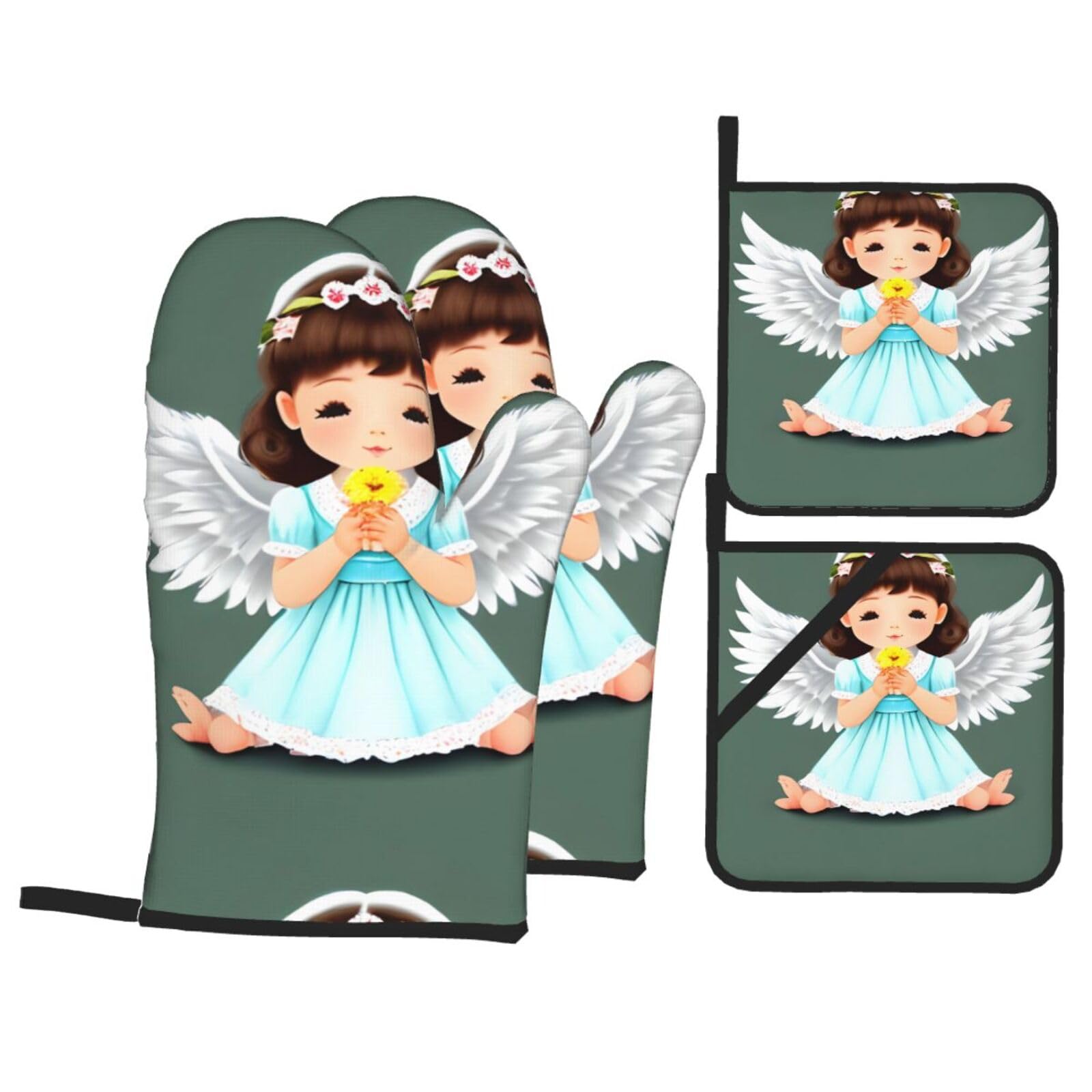 HJFCZH Cute little angel Prints Kitchen Covers: Waterproof Oven Layers for Safe Cooking & Easy Cleanup - 4 Piece Heat Protection Set