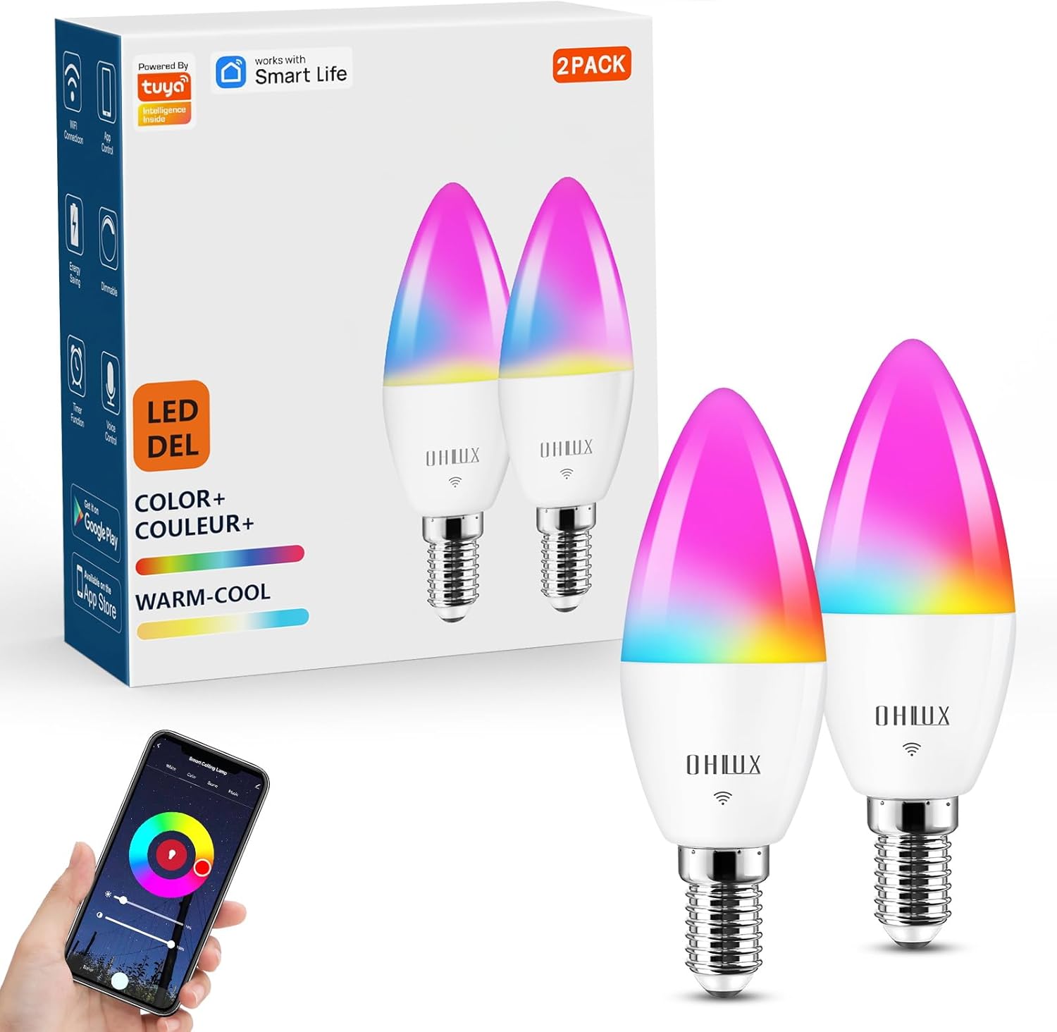 OHLUX 2 Pack E12 LED Bulb, 4W 40 Watt Equivalent Dimmable Smart Candelabra Bulbs Compatible with Alexa, Google Home, Color Changing, Music Sync, Voice Control, Timer OHLUX 2 Pack E12 LED Bulb, 4W 40 Watt Equivalent Dimmable Smart Candelabra Bulbs Compatible with Alexa, Google Home, Color Changing, Music Sync, Voice Control, Timer